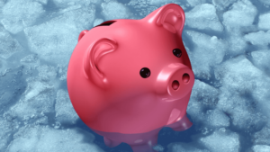 Frozen Piggy Bank symbolizing the banking crisis.