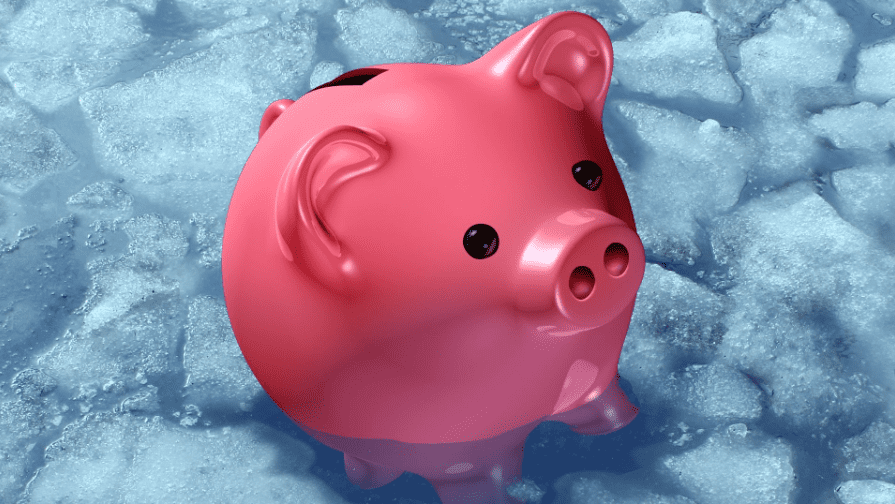 Frozen Piggy Bank symbolizing the banking crisis.